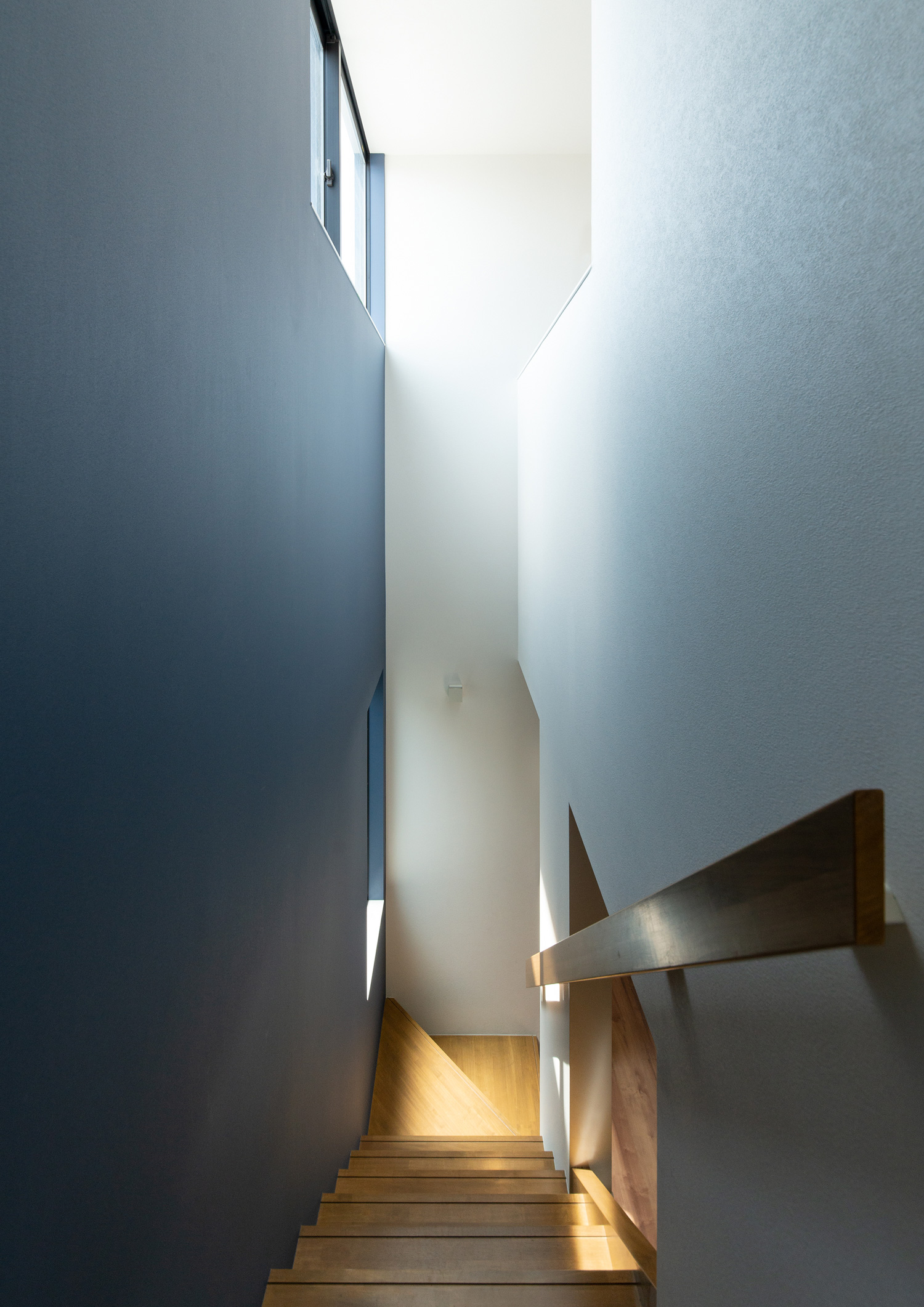 天井近くに設けられた窓から光が入る、ネイビーの壁に囲まれた木製の階段・デザイン住宅