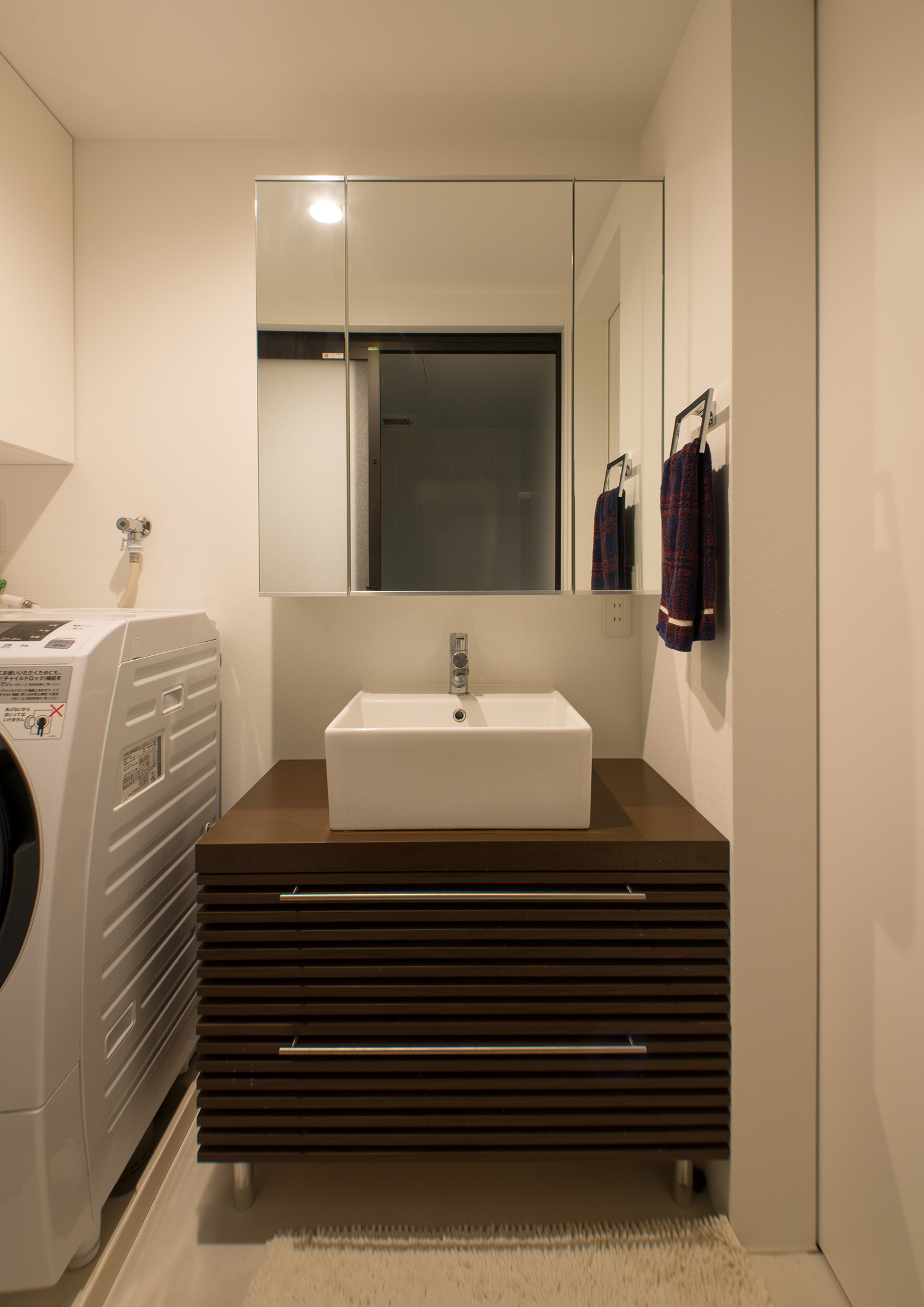 ミラーキャビネット付きの洗面台があるコンパクトな洗面所・デザイン住宅