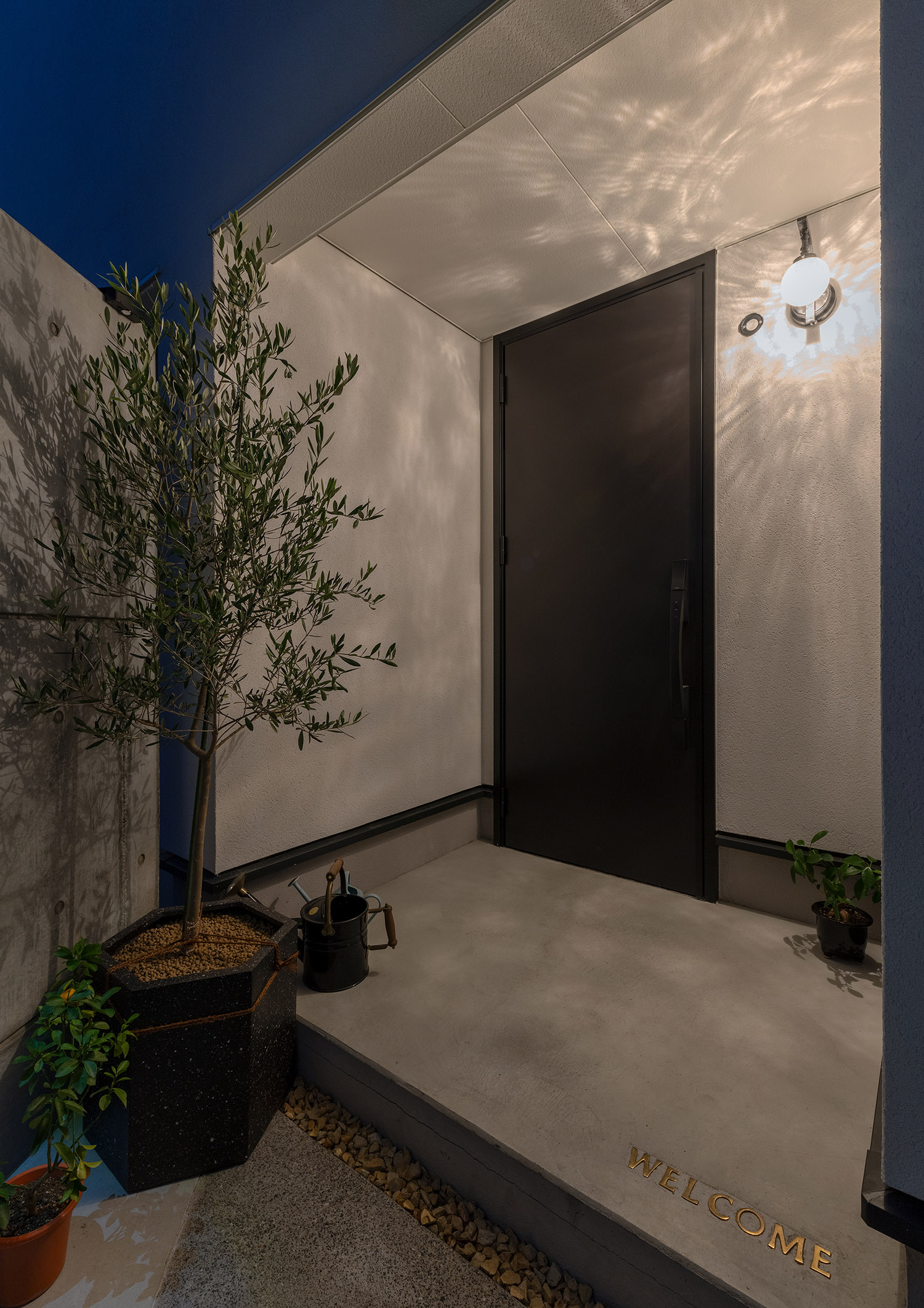 壁におしゃれな間接照明が取り付けられた植栽のあるおしゃれな玄関アプローチ・デザイン住宅